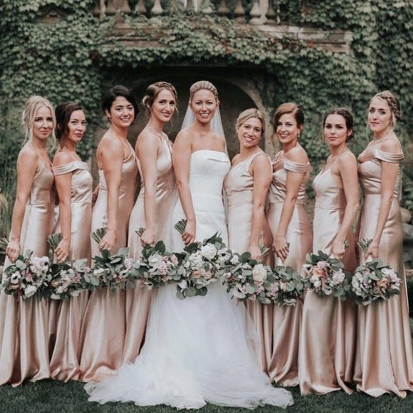 Jenny Yoo Serena Gold Satin Off Shoulder Gown Maxi Dress Bridesmaid Cowl Neck 8 - Picture 4 of 16